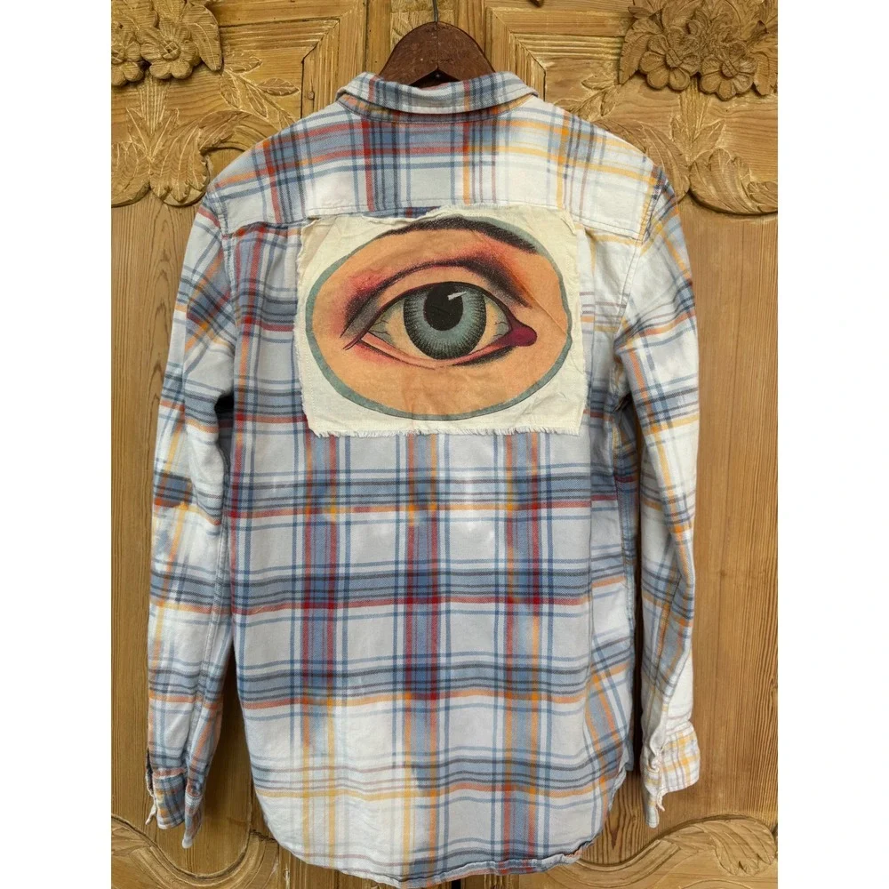 Upcycled Eye Patch Flannel Shirt Medium | Folk Art Plaid Button Down - Picture 4 of 7